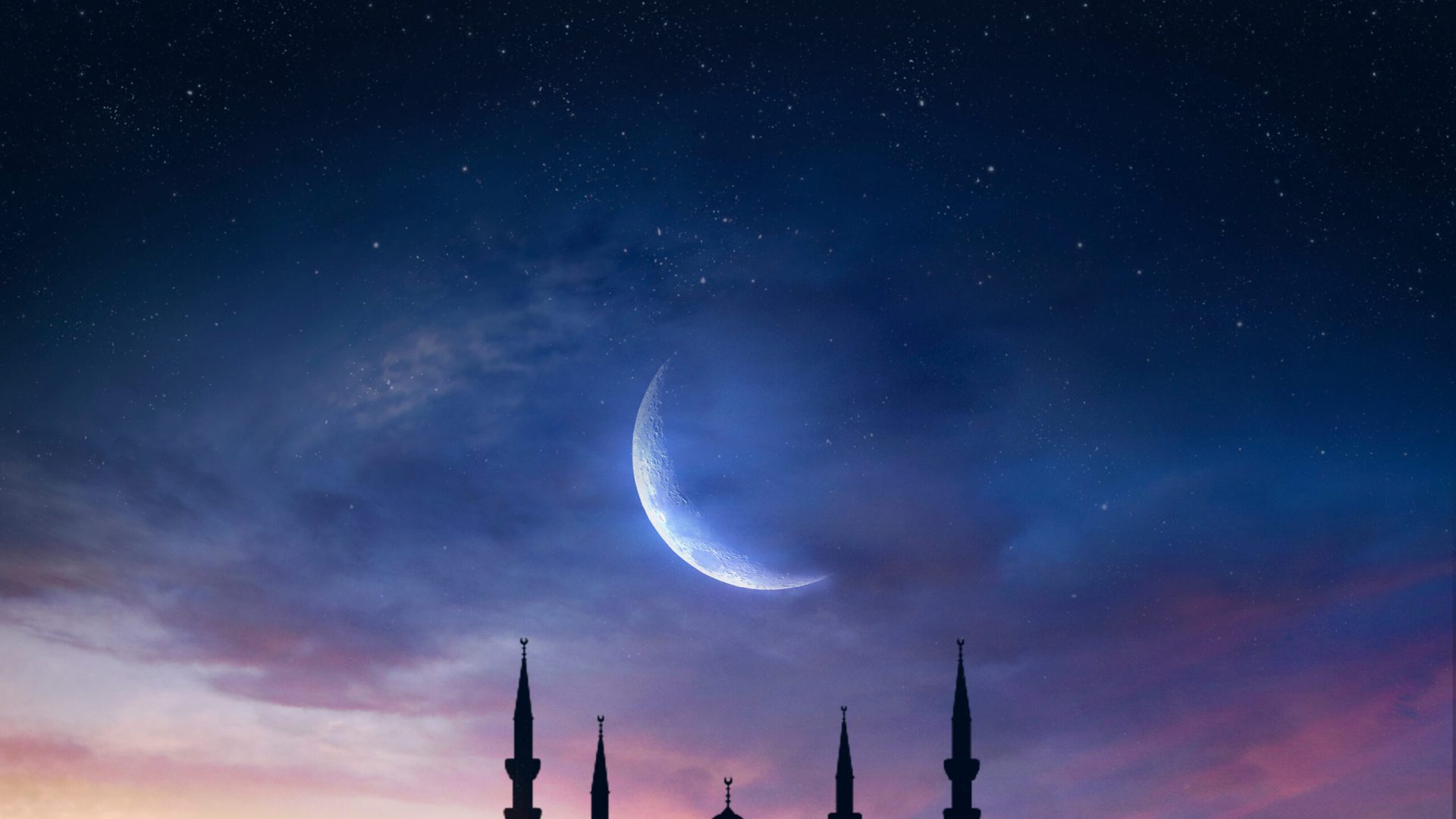 Mosque,Sunset,Sky,,Moon,,Holy,Night,,Islamic,Night,And,Silhouette
