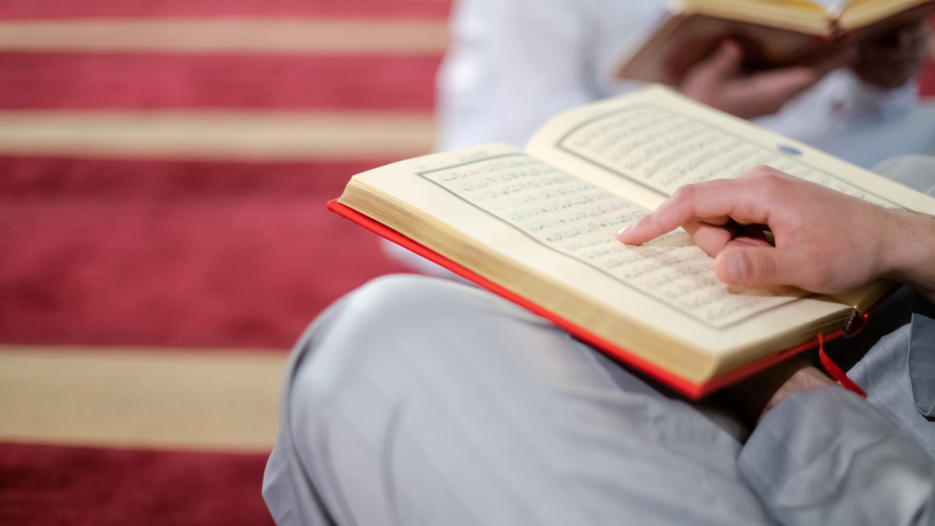 Two,Muslim,People,In,Mosque,Reading,Quran,Together,Concept,Of